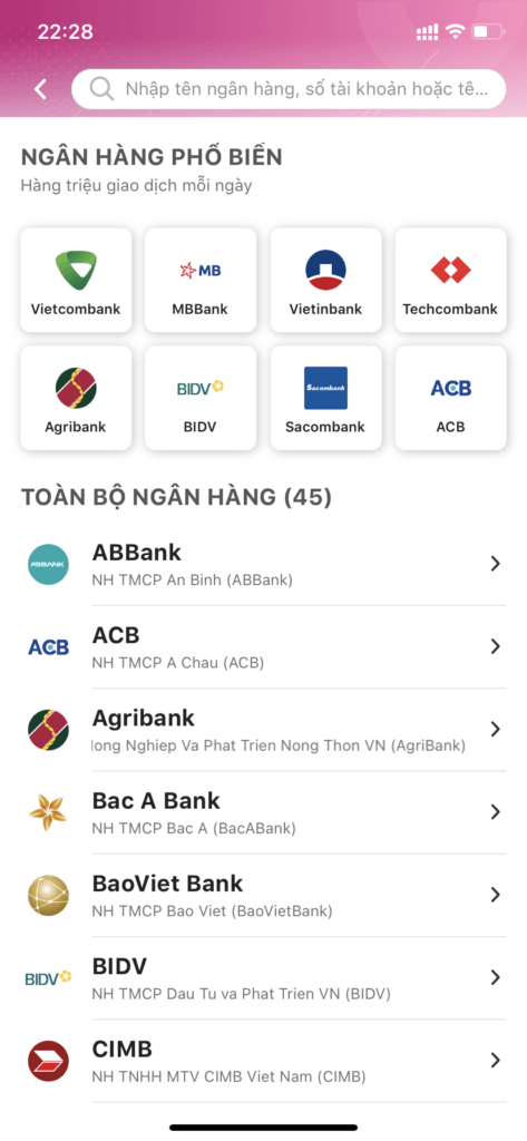 Chọn ngân hàng người nhận