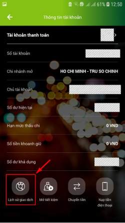 Chọn "Lịch sử giao dịch" để kiểm tra số tài khoản người gửi Vietcombank