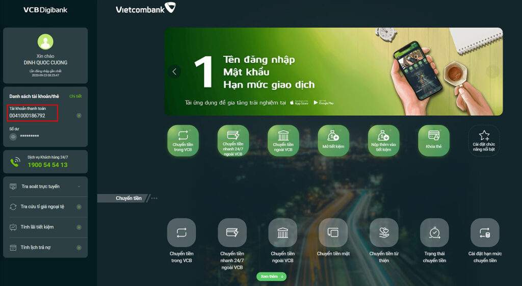 Giao diện Internet Banking Vietcombank
