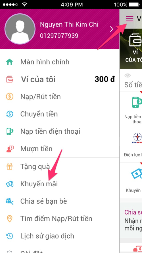 Vào mục "khuyến mãi" và để nhập mã giới thiệu MoMo