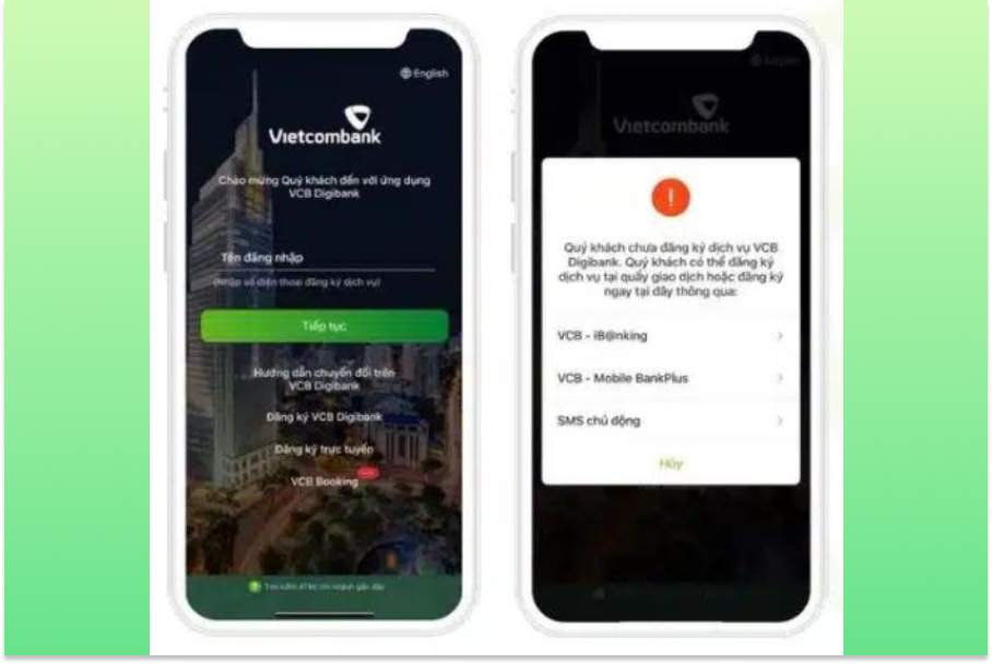 Chọn "Đăng ký VCB Digibank bằng SMS chủ động"