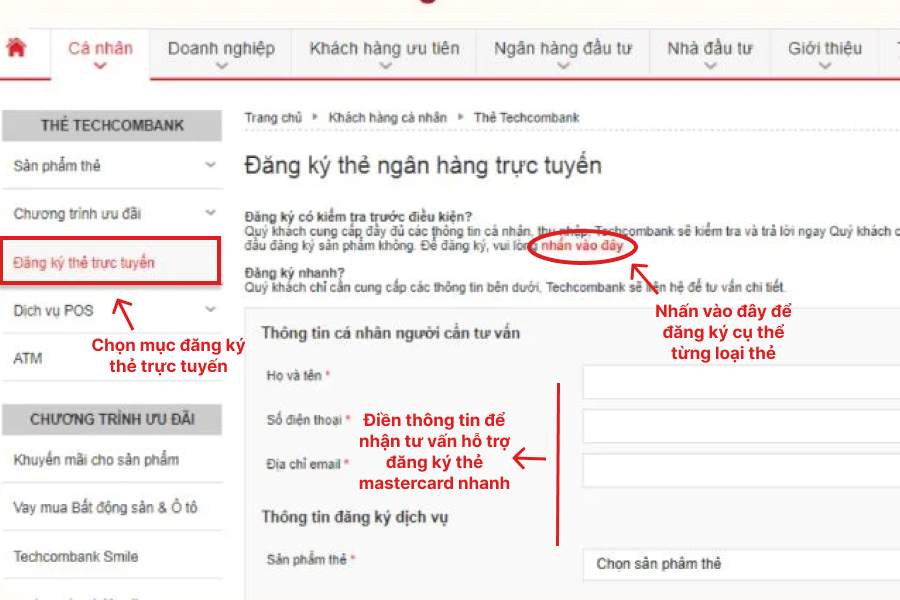 Điền đầy đủ thông tin để mở thẻ mastercard Tecombank online