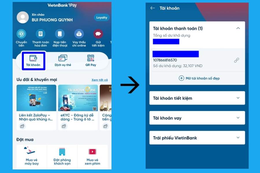 Xem số tài khoản Vietinbank trên app