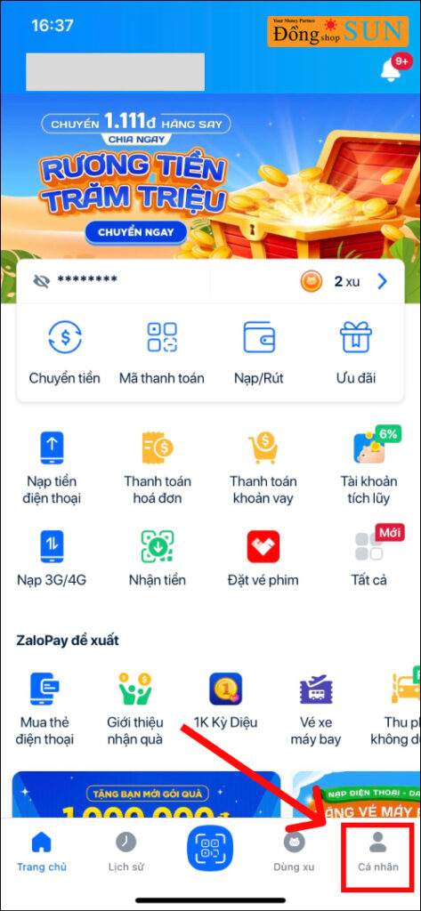 Vào mục Cá Nhân trong ZaloPay