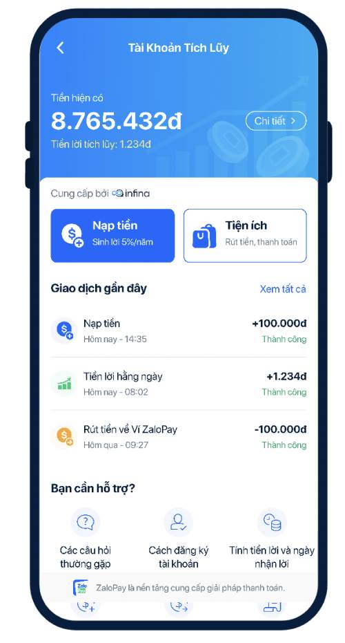 Nạp tiền vào tài khoản tích lũy Zalopay