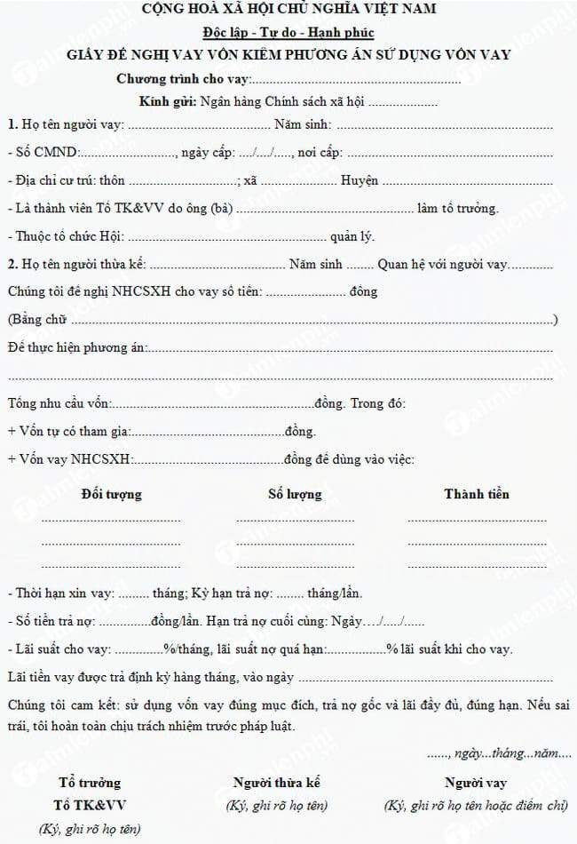 Mẫu hồ sơ vay vốn ngân hàng