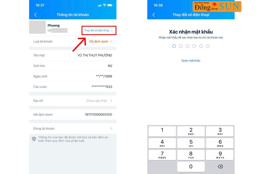 Nhấn vào "Thay đổi số điện thoại" để thay đổi sdt ZaloPay