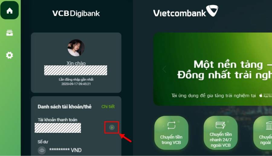 Chọn dấu ">" ở phần Danh sách tài khoản/thẻ, bên cạnh số tài khoản