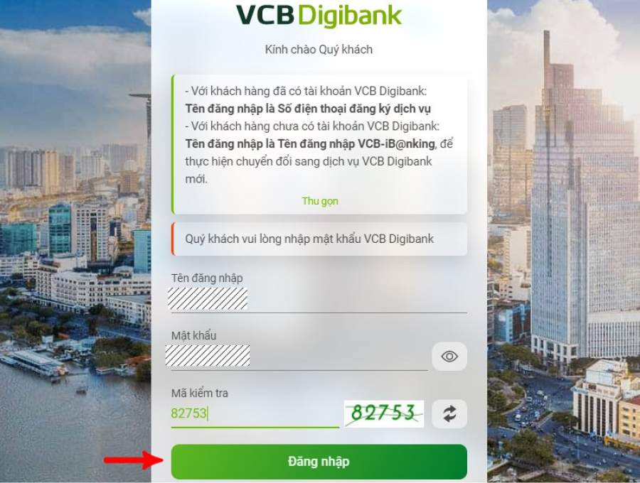 Đăng nhập vào tài khoản VCB trên website