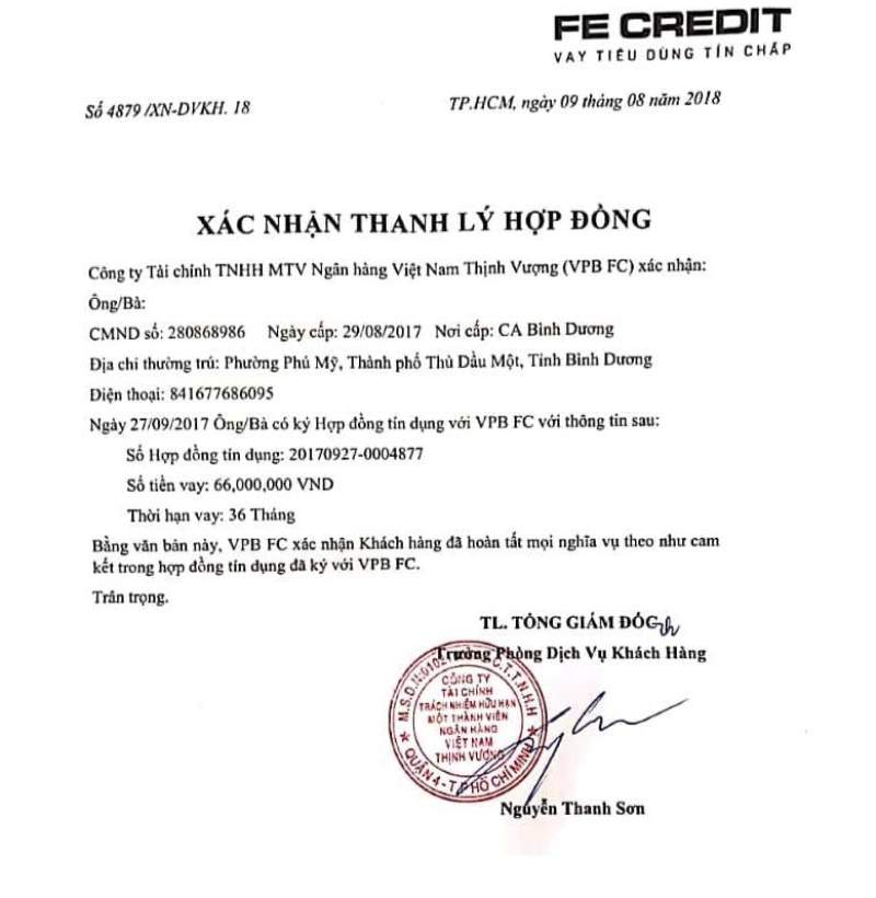 Cách thanh lý hợp đồng FE Credit trước hạn